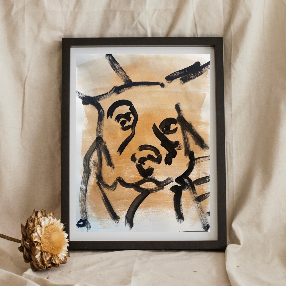OMAN Original Dog Painting Abstract Expressionist Art 8.5x11 Minimalist Neutral